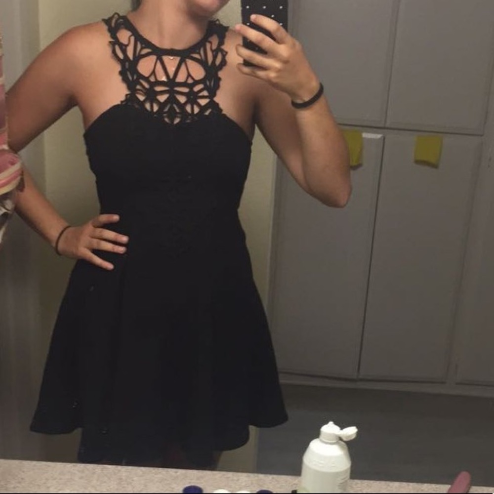 Dream State Black High Neck Crochet Dress